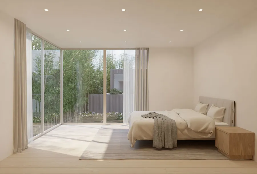 620 Adelaide Drive, Santa Monica, CA: Bedroom with garden view (rendering)