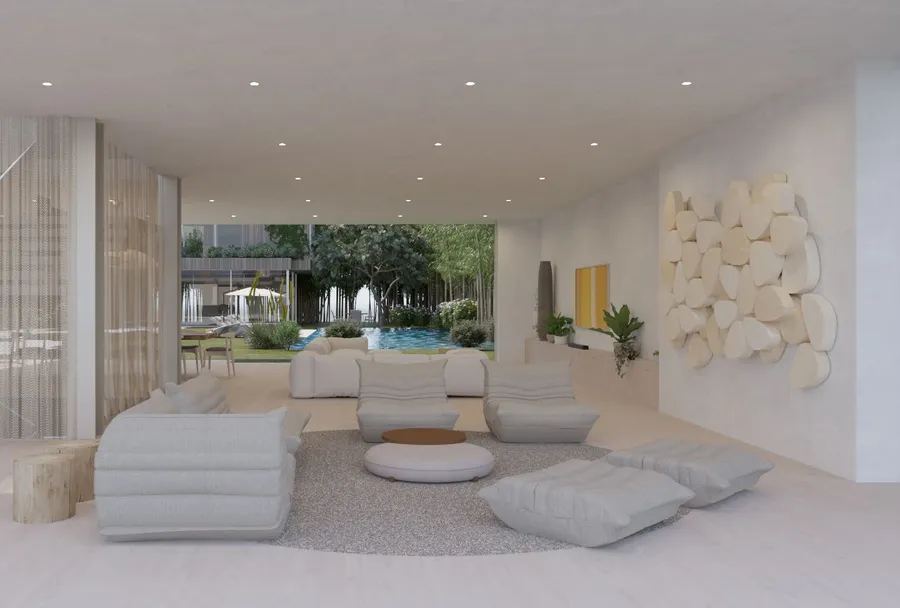 620 Adelaide Drive, Santa Monica, CA: Living room and pool (rendering)