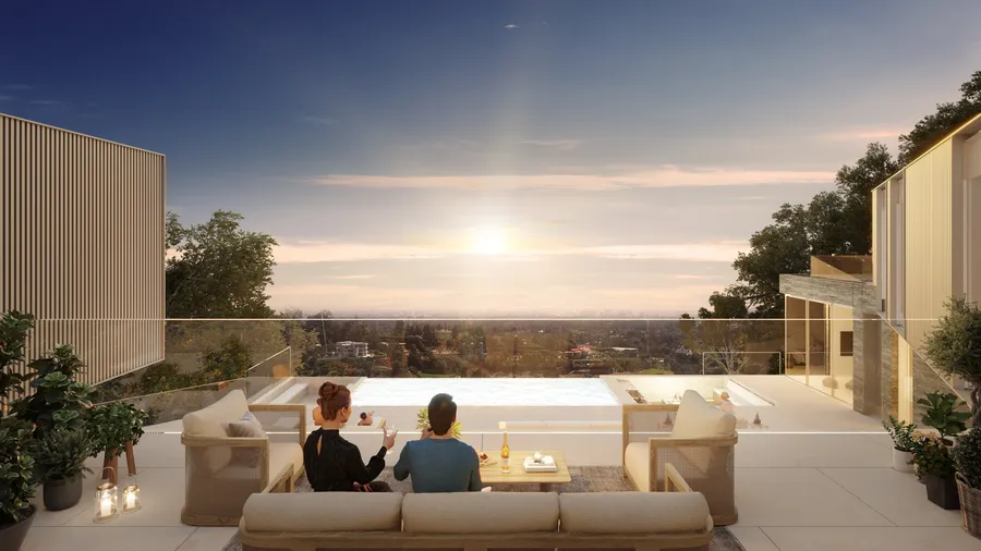 960 Stradella Road, Bel Air, CA: Second floor terrace view looking over pool (rendering)