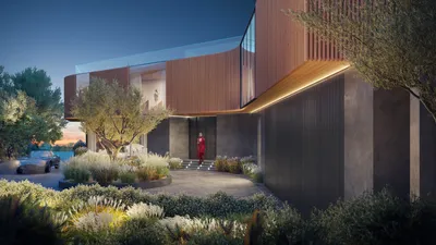 963 Roscomare Road, Bel Air, CA: Front door (rendering)