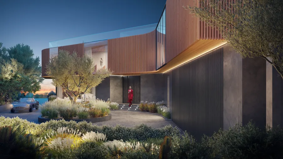 963 Roscomare Road, Bel Air, CA: Front door (rendering)